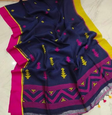 Navy Blue Pure Handloom Linen By Linen Saree From Bengal