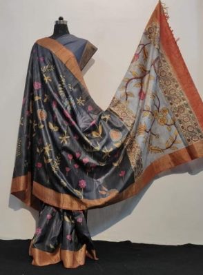 Grey Pure Handloom Kantha Silk Saree From Bengal