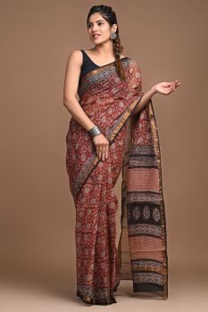 Deep Coffee Kota Doriya Printed Leaf Design Saree