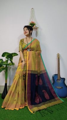Mehandi Green Silk Cotton Handloom Saree From Bengal
