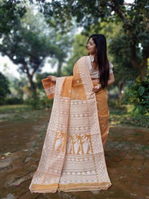 Tan Pure Handloom Dhakai Jamdani Saree From Bengal