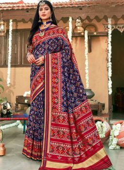 Blue Red Flower Design Digital Print Cotton Saree