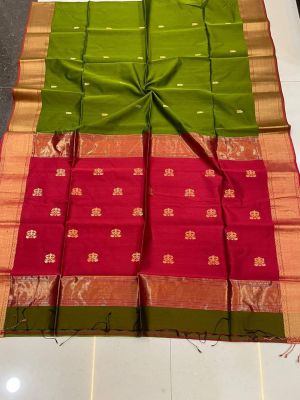 Mehandi Green Pure Handloom Maheshwari Silk Saree From Bengal