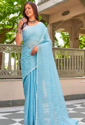 Sky Blue Pure Handloom Cotton Saree From Banaras