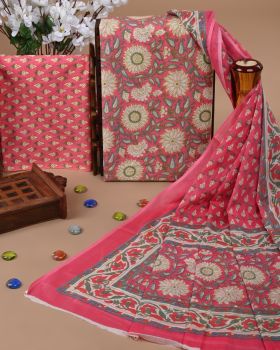 Indian Red Pure Handloom Suit With Cotton Dupatta