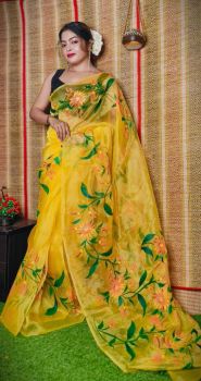 Yellow Hand Printed Pure Handloom Organza Saree