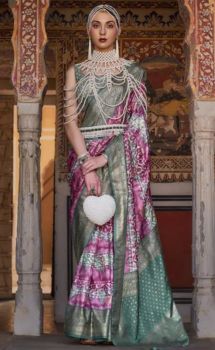 Pink Light Green Flower Design Handloom Banarasi Silk Saree From Banaras