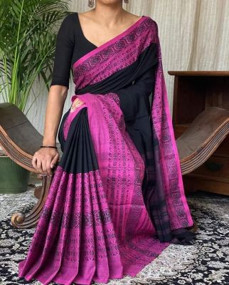 Black Pure Handloom Cotton Saree From Bengal