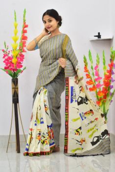Gray Pure Handloom Khesh Cotton Saree From Bengal