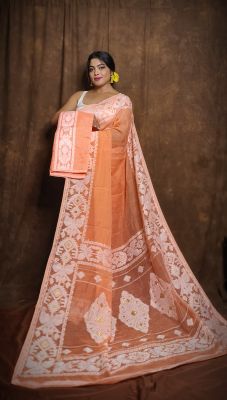 Coral Pure Handloom Dhakai Jamdani Saree From Bengal