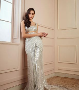 Grey Soft Net Sequence Embroidery Work Saree With Sequins Work Blouse