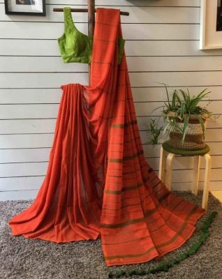 Brick Orange Pure Handloom Cotton Saree From Bengal