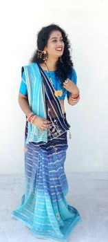 Blue Sky Blue Flower Design Hand Katdana Zari WivesWork Georgette Saree