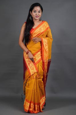 Musterd Yellow Pure Handloom Cotton Silk Saree From Bengal