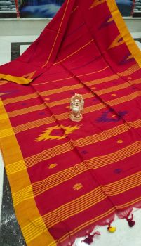 Red Temple Design Pure Handloom Cotton Saree