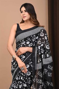 Black Hand Block Cotton Pure Handloom Flower Design Saree