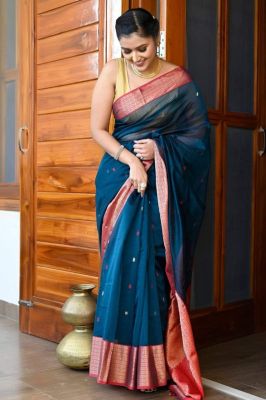 Midnight Blue Pure Handloom Silk Saree From Bengal