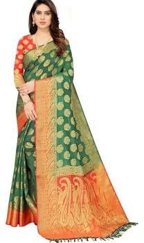 Green Orange Pure Handloom Silk Cotton Saree From Banaras