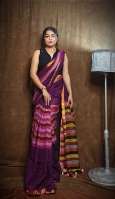 Purple Pure Handloom Linen By Linen Saree From Bengal