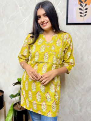 Yellow Pure Handloom Printed Kurti From Bengal