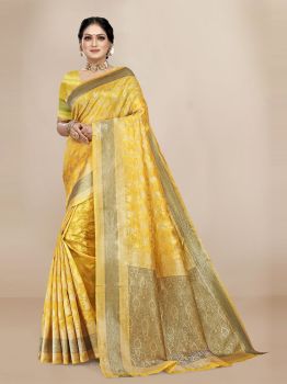 Yellow & Gold-Toned Woven Design Zari Organza Saree
