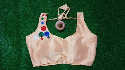 Cream Flower Raw Silk Padded Ready Made Blouse