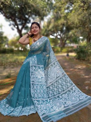 Teal Pure Handloom Dhakai Jamdani Saree From Bengal