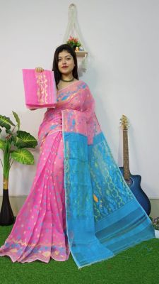Pink Pure Handloom Dhakai Jamdani Saree From Bengal