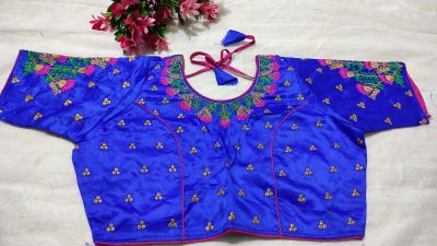 Blue Flower Raw Silk Non Pad Readymade Blouse
