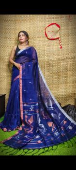 Dark Blue Pure Handloom Linen By Linen Saree From Bengal