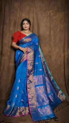 Indigo Blue Pure Handloom Banarasi Silk Saree From Bengal