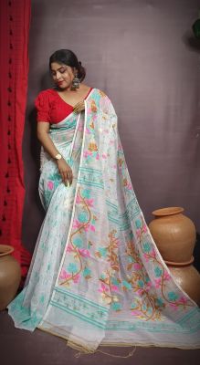 White Pure Handloom Dhakai Jamdani Saree From Bengal