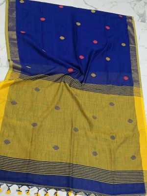 Blue Yellow Pure Handloom Cotton Saree From Bengal