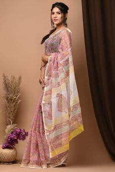 Sweet Pink Kota Doriya Printed Leaf Design Saree