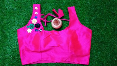 Pink Flower Raw Silk Padded Ready Made Blouse