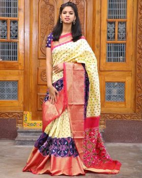Cream Pink Flower Design Digital Print Cotton Saree