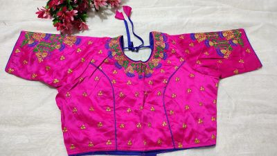 Pink Flower Raw Silk Non Pad Readymade Blouse