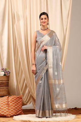 Slate Grey Pure Handloom Silk Cotton Saree From Gujarat