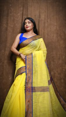 Yellow Pure Handloom Cotton Saree From Bengal
