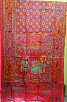 Brick Red Pure Handloom Kantha Silk Saree From Bengal