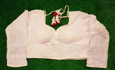 White Full Hata Hakoba Cotton Pad Readymade Blouse