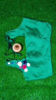Green Flower Raw Silk Padded Ready Made Blouse