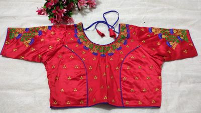 Red Flower Raw Silk Non Pad Readymade Blouse