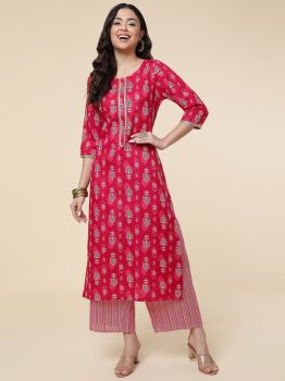 Bright Maroon Kurta Palazzo Set Poly Cotton Foil Print Round Neck