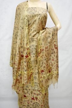 Cream & Red Varli Art Katan Silk Suit