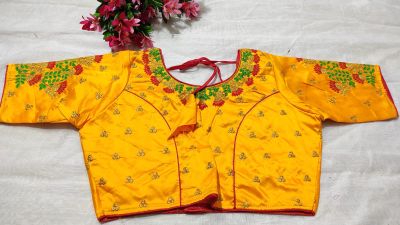 Yellow Flower Raw Silk Non Pad Readymade Blouse