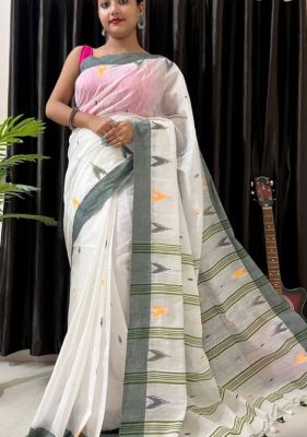 White Pure Handloom Silk Cotton Saree From Bengal