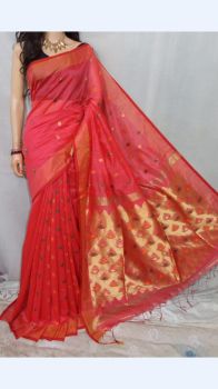 Pink Cotton Silk Handloom Designer Saree With Jori Work Border And Pink Pallu With Design