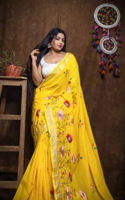 Yellow Pure Handloom Silk Cotton Saree From Bengal