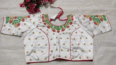 White Flower Raw Silk Non Pad Readymade Blouse